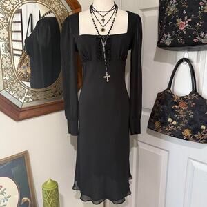 VTG Y2K Express Black 100% Silk Square Neck Long Sheer Sleeve Witchy Midi Dress